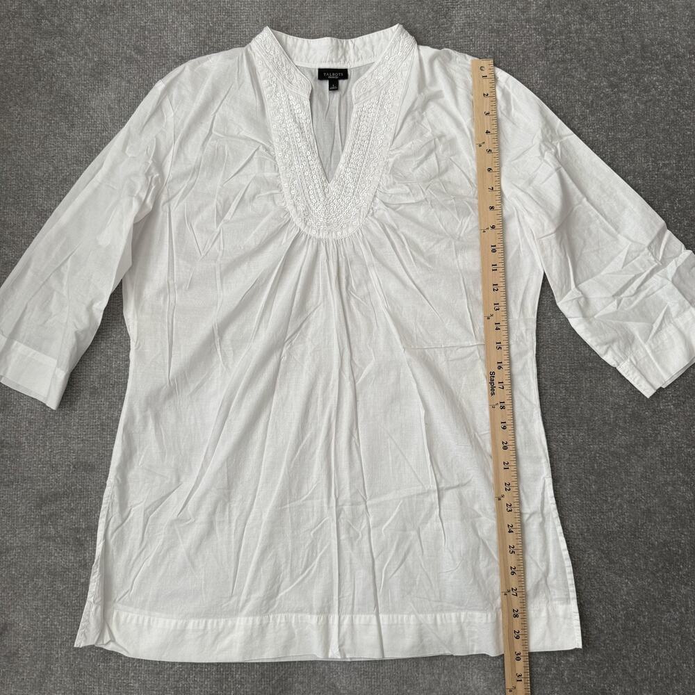 Talbots Blouse Womens Large White Sequin V Neck 3/4 Sleeve Tunic Top Cotton - Picture 7 of 9